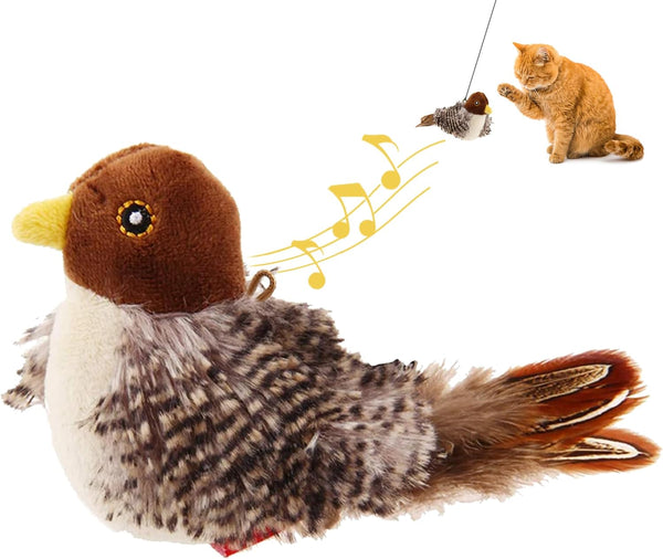 Plush chirping bird cat toy with feather tail