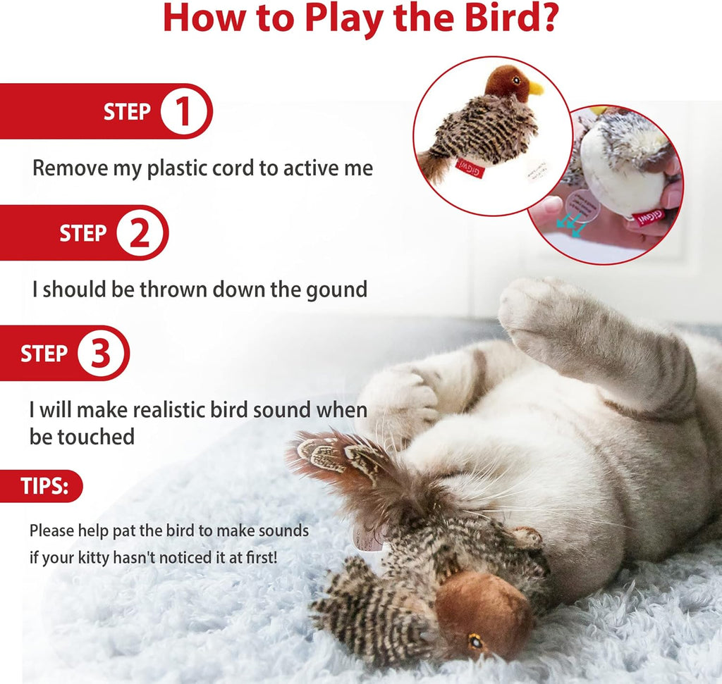 Plush chirping bird cat toy with feather tail, view 3