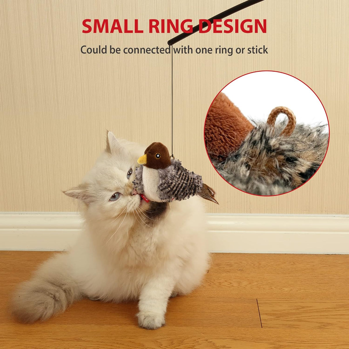 Plush chirping bird cat toy with feather tail, view 5