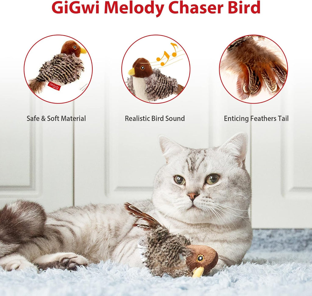 Plush chirping bird cat toy with feather tail, view 4